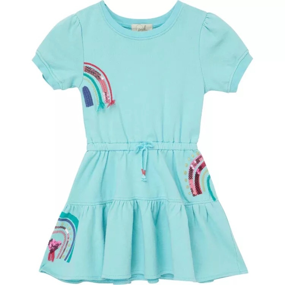 Peek Aqua Tiered Cotton Dress with Rainbow Appliqués